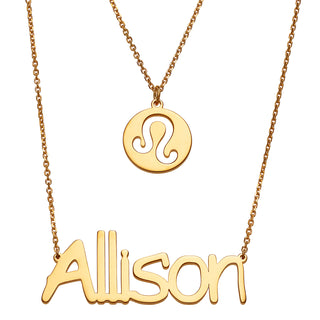 14K Gold over Sterling Layered Name and Zodiac Symbol Necklace