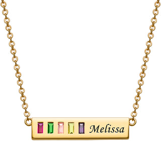 14K Gold over Sterling Engraved Name and Baguette Birthstone Bar Pendant