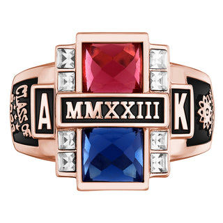 Ladies' 14K Rose Gold Plated Double Birthstone & CZ Rectangle Class Ring