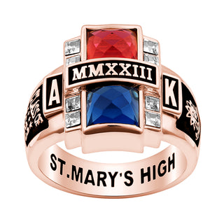 Ladies' 14K Rose Gold Plated Double Birthstone & CZ Rectangle Class Ring