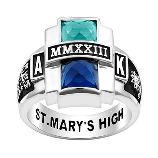 Ladies' Silver Plated Double Birthstone Rectangle Class Ring