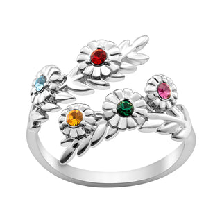 Sterling Silver Family Flower Birthstone Bypass Ring