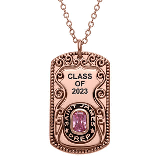 Unisex Rose Gold CELEBRIUM Cushion Cut Personalized Birthstone Graduation Dog Tag Necklace