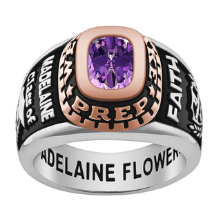 Ladies' Silver Celebrium and Rose Gold Traditional Birthstone Class Ring