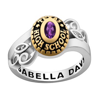 Ladies' Silver Celebrium and Gold Swirl Birthstone Class Ring