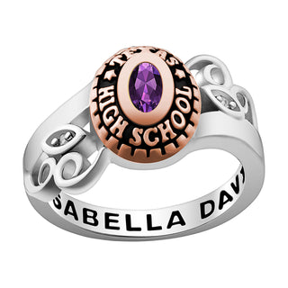 Ladies' Silver Celebrium and Rose Gold Swirl Birthstone Class Ring