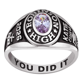 Ladies Silvertone Traditional Petite Oval Birthstone Class Ring