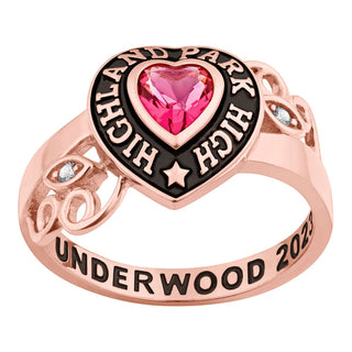 Ladies' 14K Rose Gold over Sterling Heart Stone and CZ Swirl Class Ring