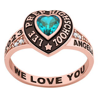 Ladies' 14K Rose Gold over Sterling Traditional Heart Birthstone with CZ Accents Class Ring