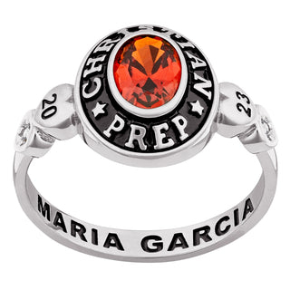 Ladies' Platinum Celebrium? Oval Birthstone with CZ and Hearts Class Ring