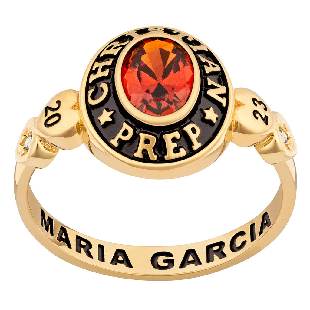 Ladies' Yellow Celebrium Oval Birthstone with CZ and Hearts Class Ring ...