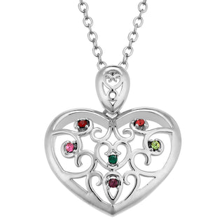 Silver Plated Domed Filigree Heart Birthstone Necklace