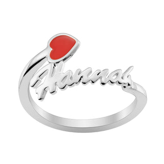 Silver Plated Script Name with Enamel Heart Bypass Ring