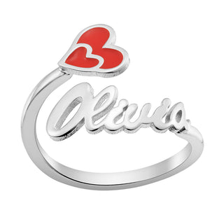 Silver Plated Script Name with Enamel Heart Bypass Ring