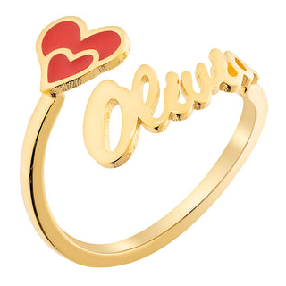 14K Gold Plated Script Name with Enamel Heart Bypass Ring