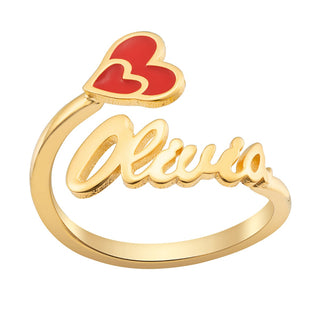 14K Gold Plated Script Name with Enamel Heart Bypass Ring
