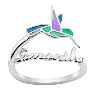 Silver Plated Script Name with Enamel Hummingbird Bypass Ring