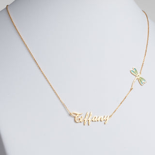 14K Gold Plated Script Name with Enamel Dragonfly Necklace