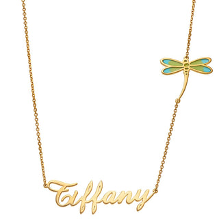 14K Gold Plated Script Name with Enamel Dragonfly Necklace