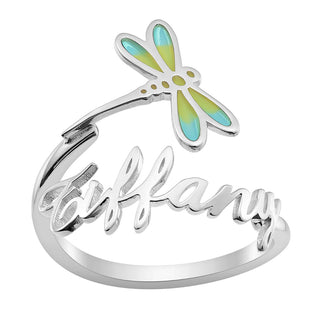 Silver Plated Script Name with Enamel Dragonfly Bypass Ring