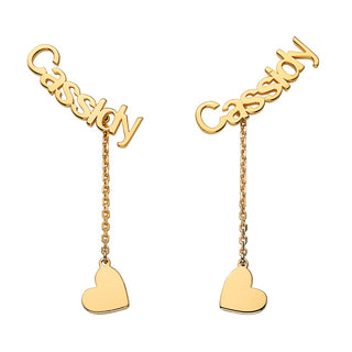 14K Gold over Sterling Name with Heart Charm Dangle Crawler Earrings