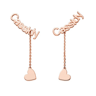 14K Rose Gold over Sterling Name with Heart Charm Dangle Crawler Earrings
