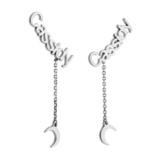 Sterling Silver Name with Moon Charm Dangle Crawler Earrings