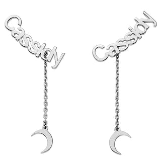 Sterling Silver Name with Moon Charm Dangle Crawler Earrings