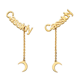 14K Gold over Sterling Name with Moon Charm Dangle Crawler Earrings