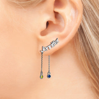 Sterling Silver Name with Birthstone Dangle Crawler Earrings