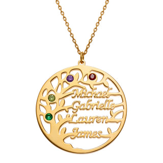 14K Gold Plated Name and Birthstone Family Tree Necklace