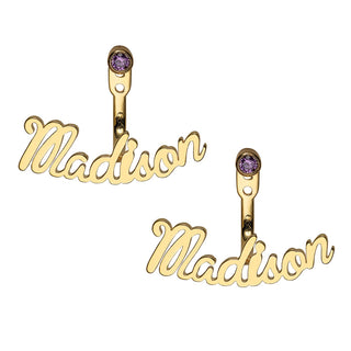 14K Gold Plated Script Name and Birthstone Front/ Back Earrings