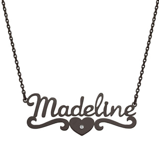 Stainless Steel Script Name with CZ Heart Scroll Necklace