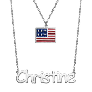 Patriotic Name with Enamel Flag Charm Layered Double Necklace