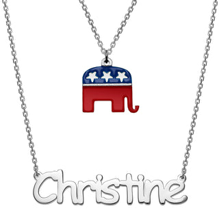 Patriotic Name with Enamel Elephant Charm Layered Double Necklace
