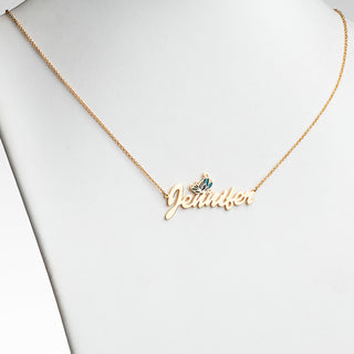 14K Gold Plated Script Name Necklace with Multicolor Blue Enamel Butterfly