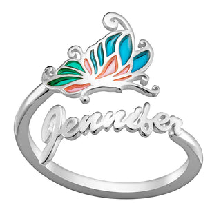 Silver Plated Script Name Bypass Ring with Pink and Blue Enamel Butterfly