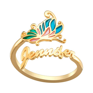 14K Gold Plated Script Name Bypass Ring with Pink and Blue Enamel Butterfly