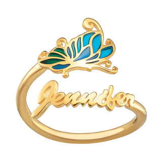 14K Gold Plated Script Name Bypass Ring with Multicolor Blue Enamel Butterfly