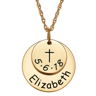 10K Yellow Gold Name and Date Discs with Cross Necklace