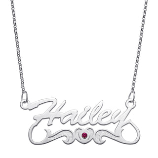 10K White Gold Script Name Necklace with Birthstone Heart Tail