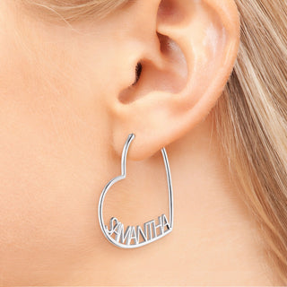 Silver Plated Personalized Nameplate Medium Heart Hoop Earrings