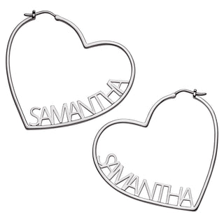 Silver Plated Personalized Nameplate Medium Heart Hoop Earrings