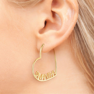 14K Gold Plated Personalized Nameplate Medium Heart Hoop Earrings