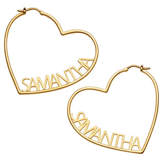 14K Gold Plated Personalized Nameplate Medium Heart Hoop Earrings