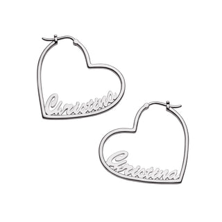 Silver Plated Personalized Script Nameplate Small Heart Hoop Earrings