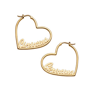 14K Gold Plated Personalized Script Nameplate Small Heart Hoop Earrings