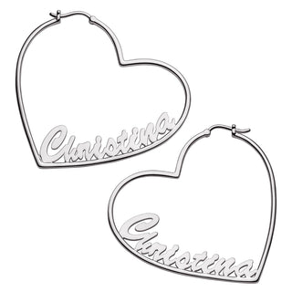 Silver Plated Personalized Script Nameplate Medium Heart Hoop Earrings