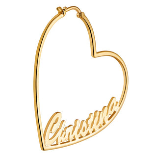 14K Gold Plated Personalized Script Nameplate Medium Heart Hoop Earrings