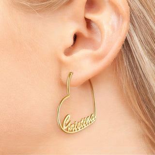 14K Gold Plated Personalized Script Nameplate Medium Heart Hoop Earrings